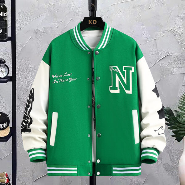 Letter Print Color Block Jacket Ins Fashion Loose Button Round Neck Baseball Coat Top For Men - Image 2