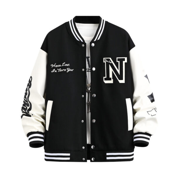 Letter Print Color Block Jacket Ins Fashion Loose Button Round Neck Baseball Coat Top For Men - Image 7