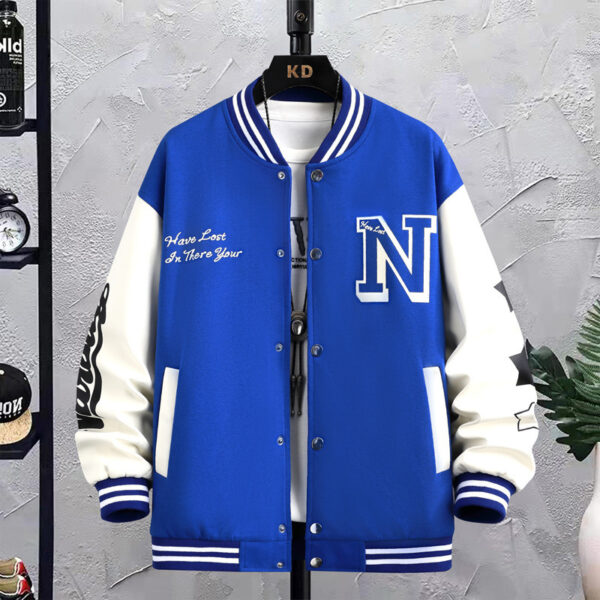 Letter Print Color Block Jacket Ins Fashion Loose Button Round Neck Baseball Coat Top For Men - Image 6