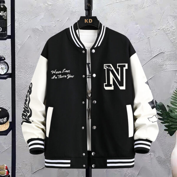 Letter Print Color Block Jacket Ins Fashion Loose Button Round Neck Baseball Coat Top For Men - Image 5