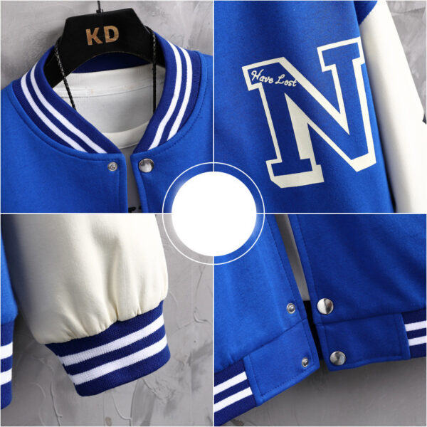 Letter Print Color Block Jacket Ins Fashion Loose Button Round Neck Baseball Coat Top For Men - Image 3